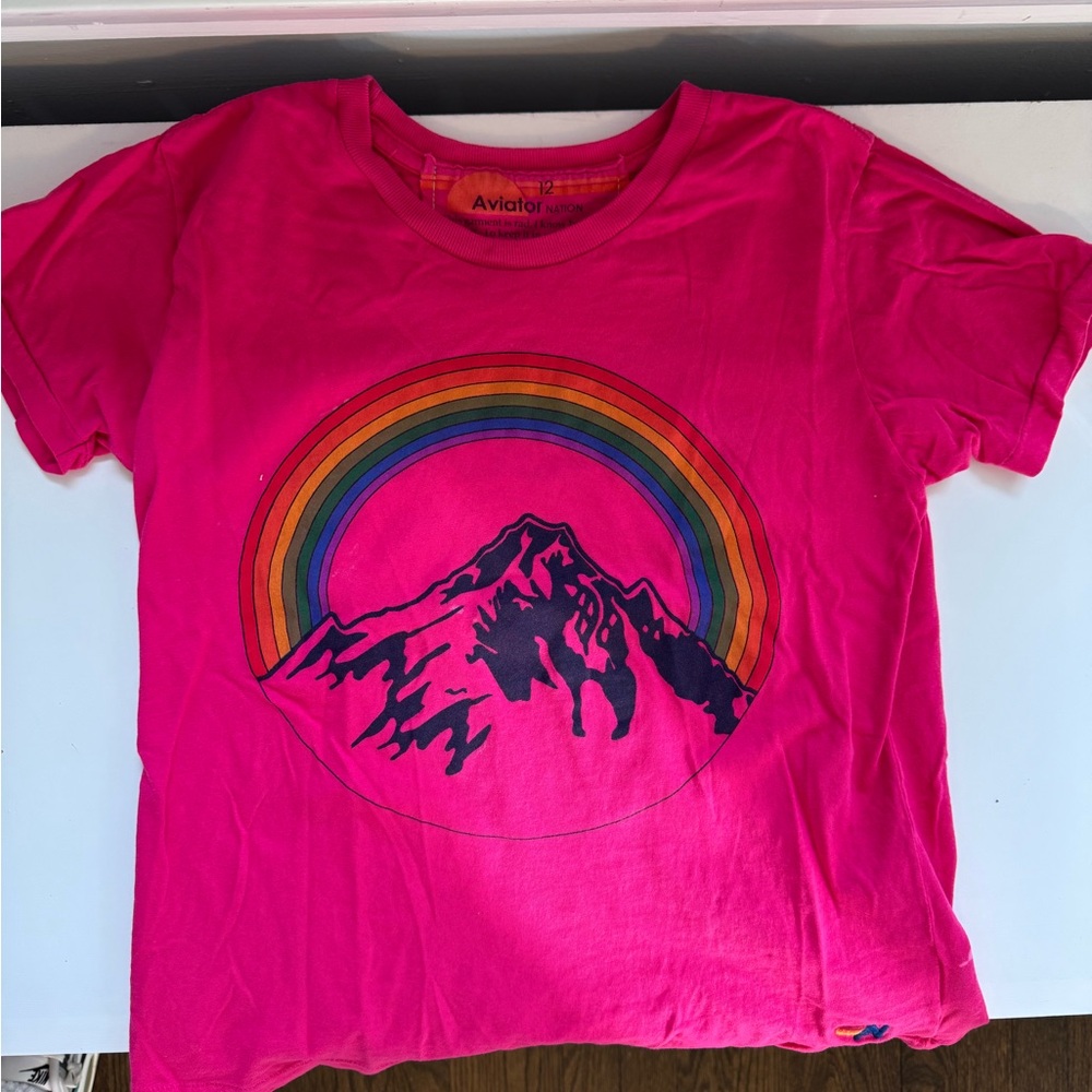 Aviator Nation Pink Short Sleeve Tee with Colorful Mountain and Rainbow Design